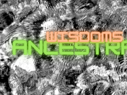 The words 'Ancestral Wisdoms' written in glowing green and orange text on a background of abstract, overlapping fingerprints.