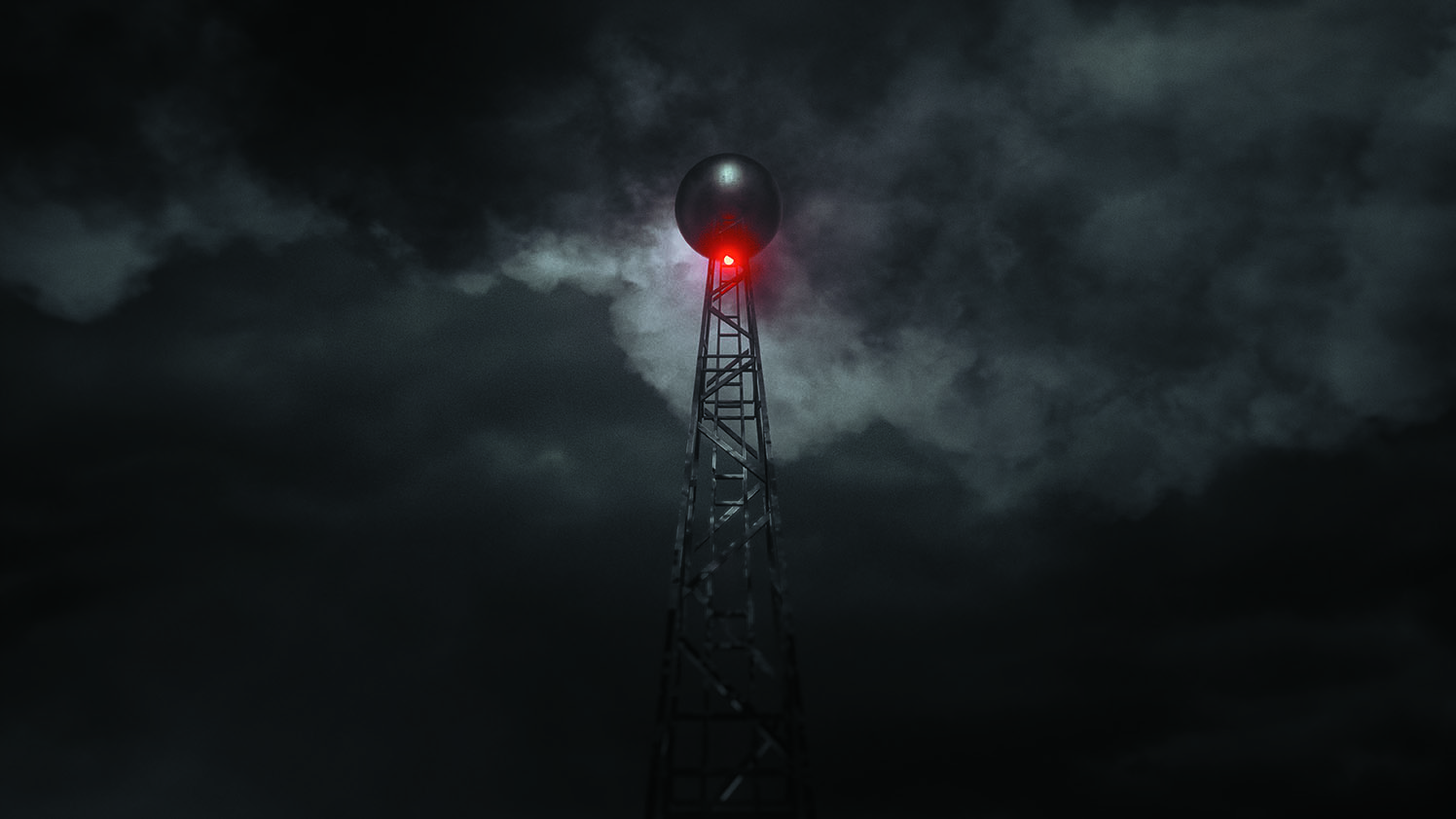 A radio mast is surrounded by darkness and clouds. A single red light glows.