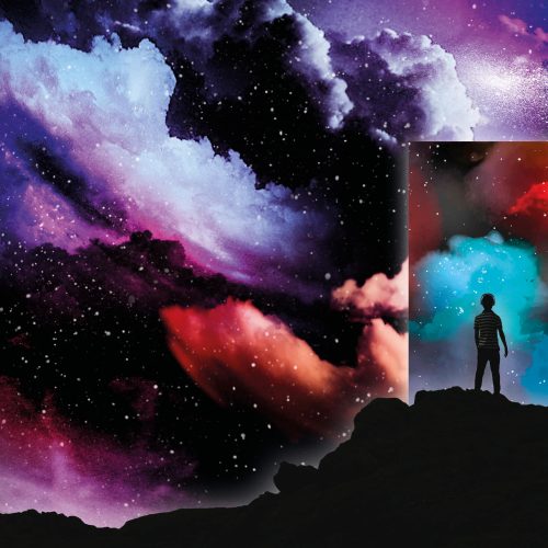 A colourful galaxy clouds backdrop with a large door outlined in the middle and a small figure silhouetted inside it