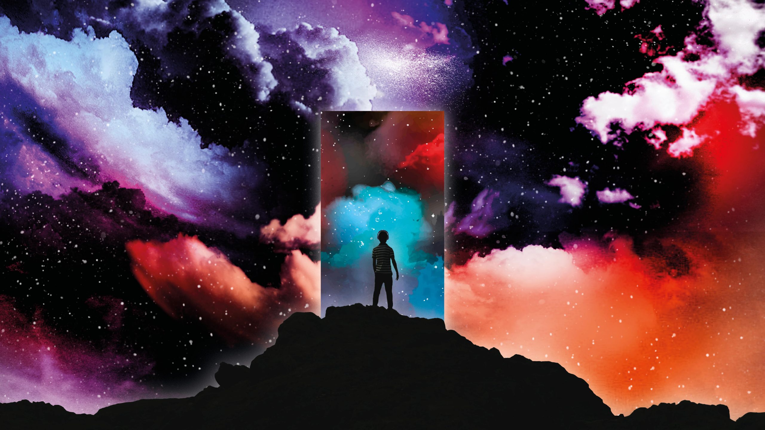 A colourful galaxy clouds backdrop with a large door outlined in the middle and a small figure silhouetted inside it