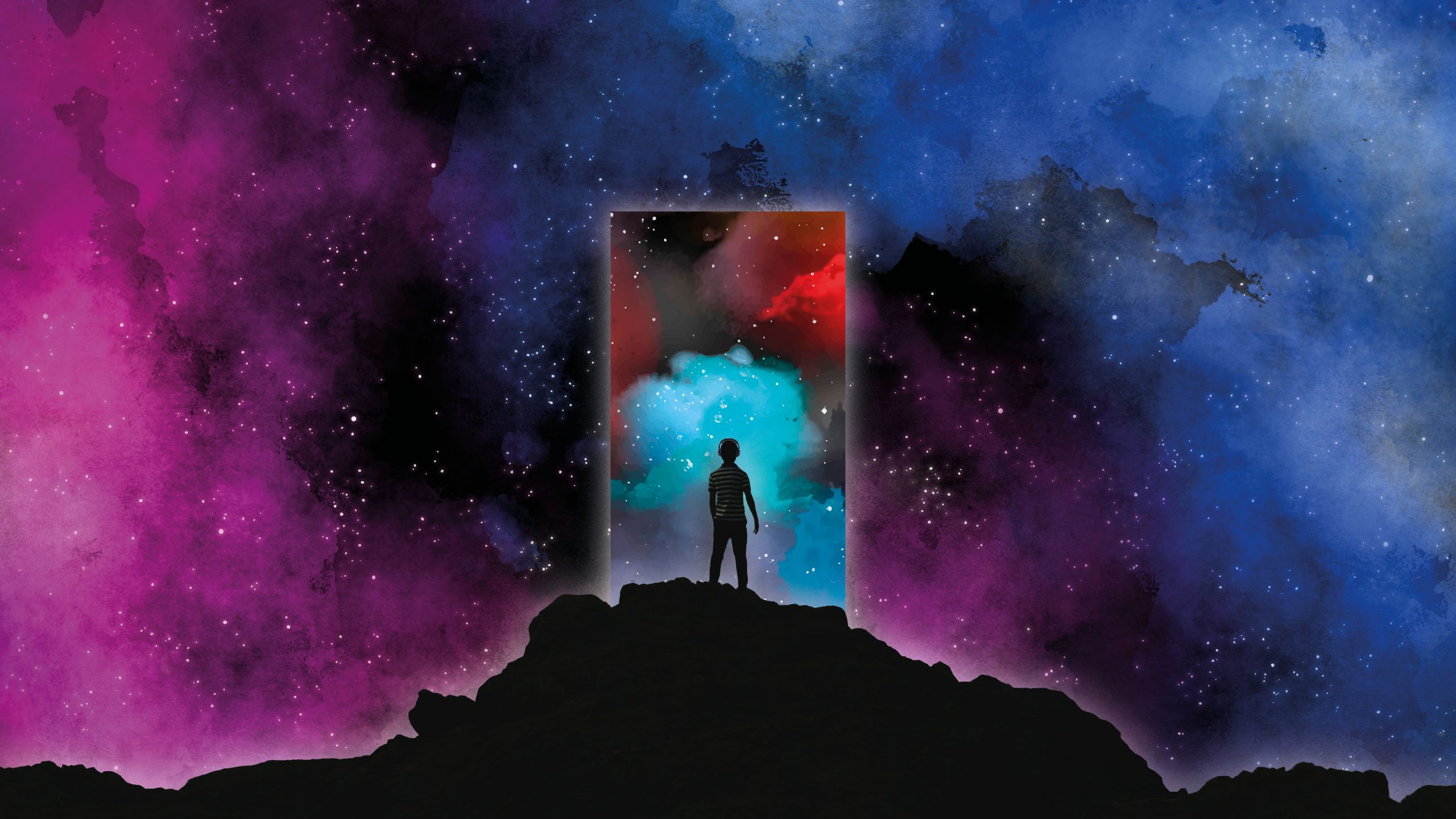 A person stands on a hill in front of a portal-door with swirling blue and purple clouds around them.